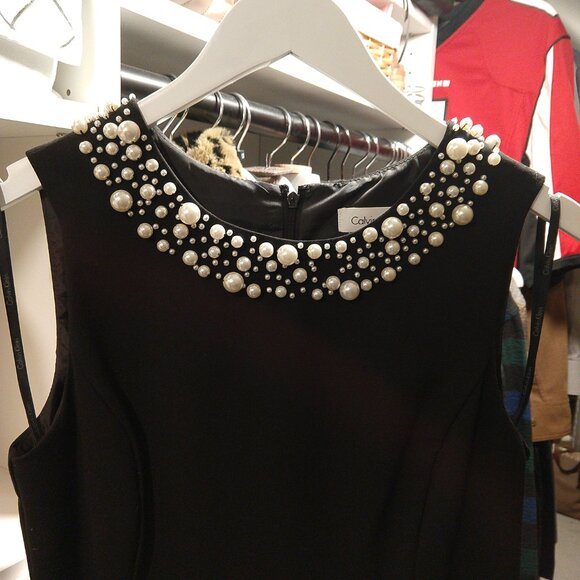 Calvin Klein Faux Pearl Trim Black Sheath Dress - Picture 5 of 10